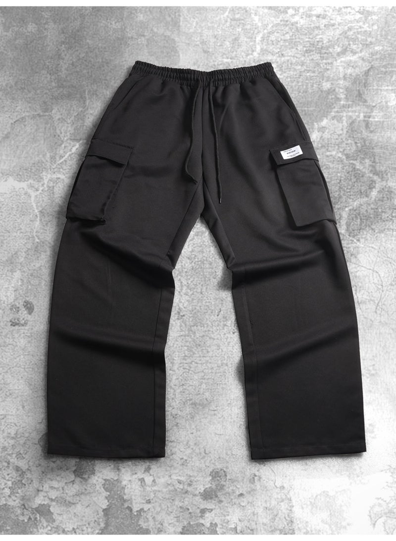 Men's Black Wide Leg Cargo Pants Multi Pocket Loose Fit Drawstring Casual Trousers - Image 5